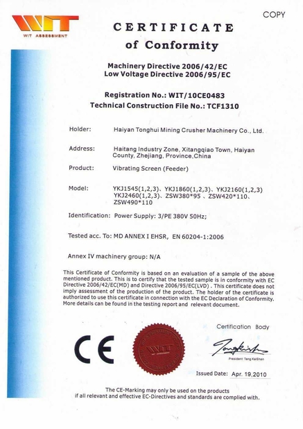 Китай ZheJiang Tonghui Mining Crusher Machinery Co., Ltd. Сертификаты